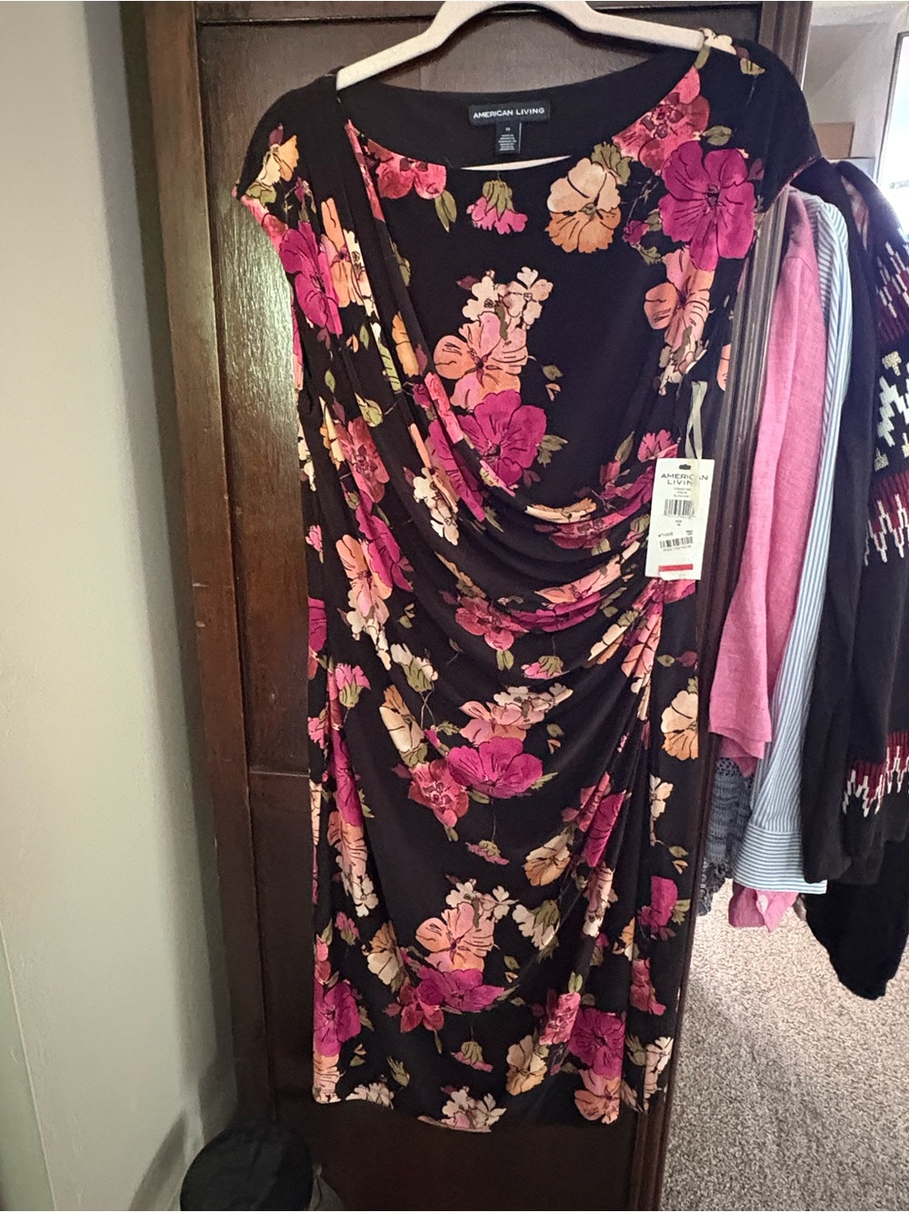 American Living Black Floral Draped Midi Dress - Pink & Peach Flowers